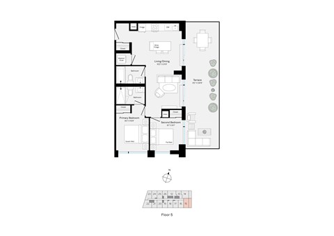 Floor plan for 2 beds, 2 baths, 731 sqft